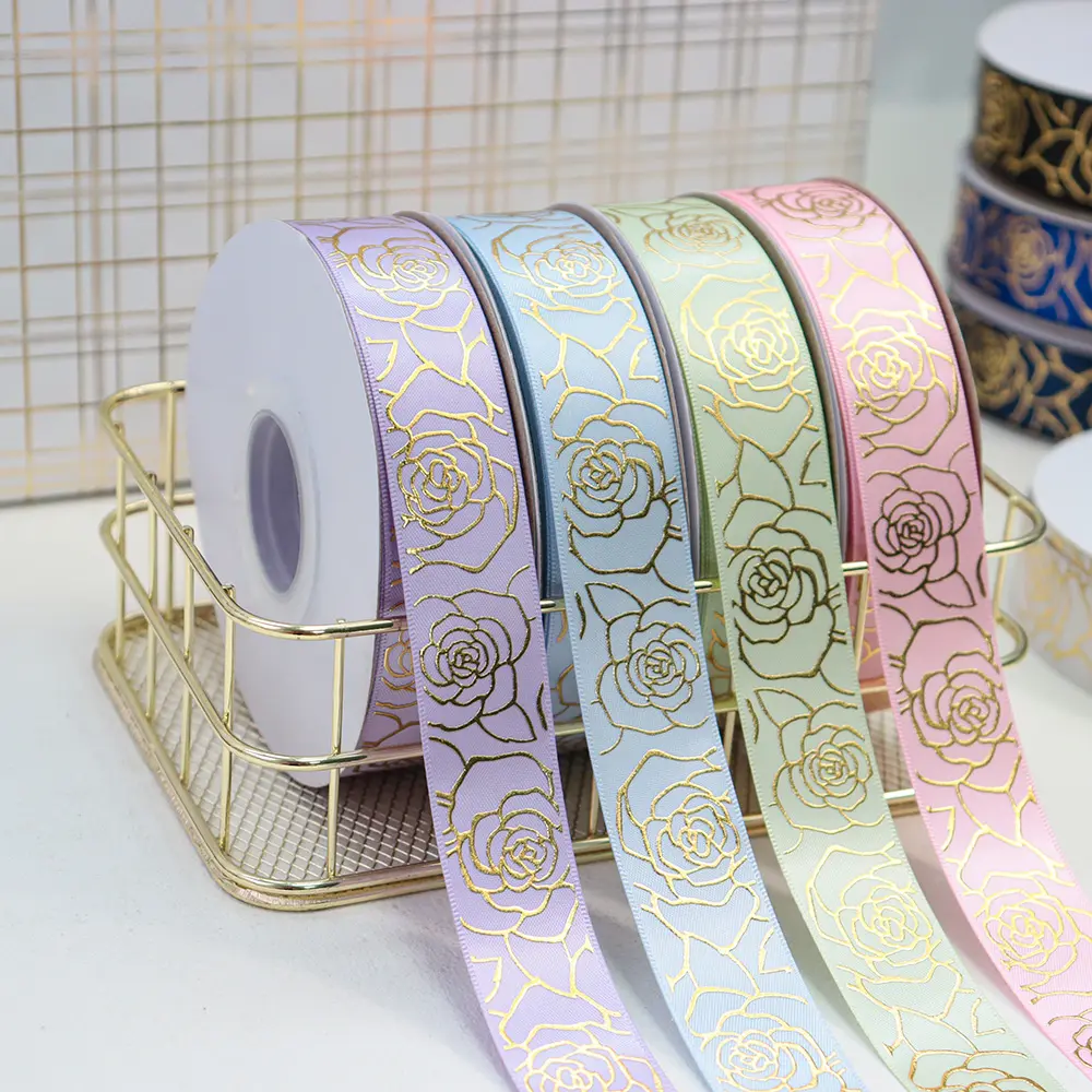 Custom Logo Polyester Rose Satin Ribbon Single Face Printed Gold Foil Ribbon For Bows Wholesale