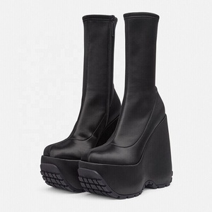 Trend Stretch Fabric Half Knee High Platform <b>Boots</b> Women Wedge Heels Shoes Side Zipper Calf Booties Ladies - Product Image 2