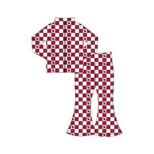 Customize Kids Girls <b>Checkered</b> School Team Game Day Sets Long Sleeve Zipper <b>Top</b> Flared Pants Sports 2pcs Outfits - Product Image 3