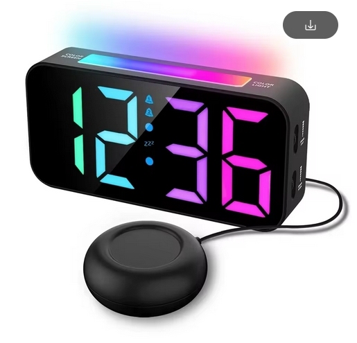 Super Loud Vibrating RGB Digital Alarm Clock Mood Light Bed Vibrator Snooze 2 Alarms USB Powered Table Clock for Heavy Sleeper
