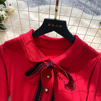 Robe élégante en tricot pour femmes, style preppy, manches longues, col Peter Pan, décoration nœud, plissée, coupe trapèze, robe décontractée pour tous les jours