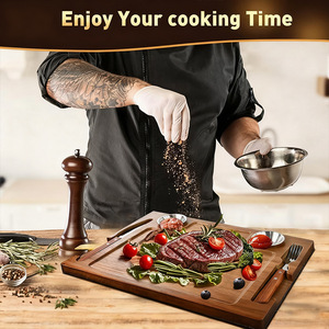 Tabla de madera creativa estilo occidental para bistec, con cubiertos, bandeja para salsa, bandeja de madera maciza para pizza, bandeja para frutas y pan con correas. - Product Image 2