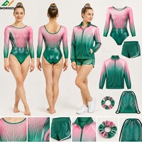Justaucorps de gymnastique scintillant en strass pour compétition, veste, short d'entraînement, sac, chouchous, tenue de gymnastique OEM rose et verte