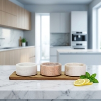 Set Mangkuk Marmer Modern dengan Nampan Gagang Kayu, Set Penyajian Tiga Cangkir, Wadah Bumbu, Tempat Garam dan Rempah, Ramah Lingkungan, Dapat Disesuaikan