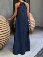 Robe longue évasée texturée bleu marine sans manches à col halter, style décontracté pour les vacances, robe de plage ample grande taille pour femme, personnalisation acceptée