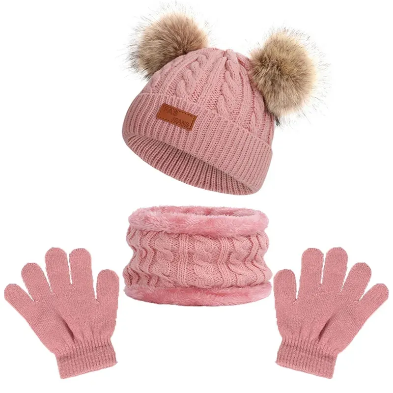 Bonnet enfants filles fausse boule pompon en peluche mignon bébé chapeau écharpe gants ensemble chaud hiver tricoté chapeaux