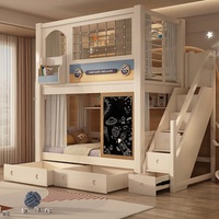 Lit mezzanine pour enfants JS, style moderne et simple, en bois massif blanc, confortable, avec toboggan et bibliothèque, ensemble de meubles de chambre pour enfants