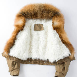 Fashion Luxury Natural Red Fox Pelz kragen Kurz geschnittene Bomber jacke mit Kapuze und bernstein farbenem Pelz futter für Frauen - Product Image 2