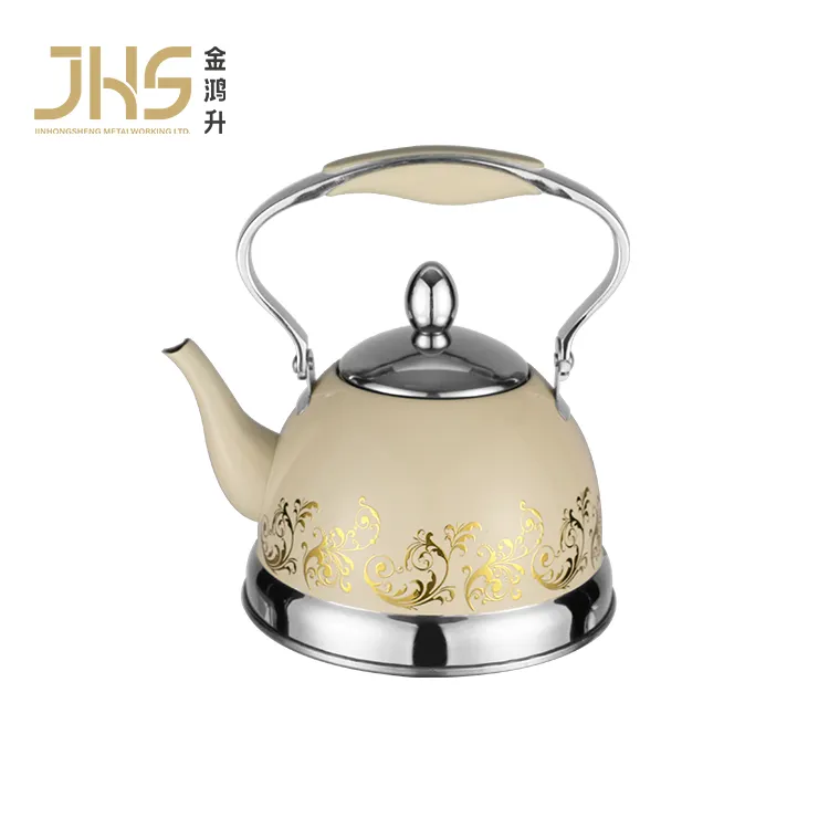 JHS OEM cor marfim com flor dourada chaleira de chá assobiando em aço inoxidável com alça em aço inoxidável para cozinha doméstica