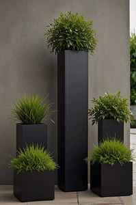 Pot de fleurs rectangulaire haut en fibre de verre moderne, noir classique, écologique, avec drainage, pour la décoration intérieure et extérieure - Product Image 6
