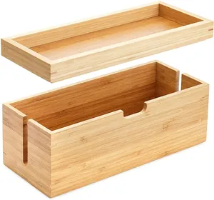 Natural Wooden Bamboo Chargers Cord Power Strip Storage Organizer Cable Management Box For Home