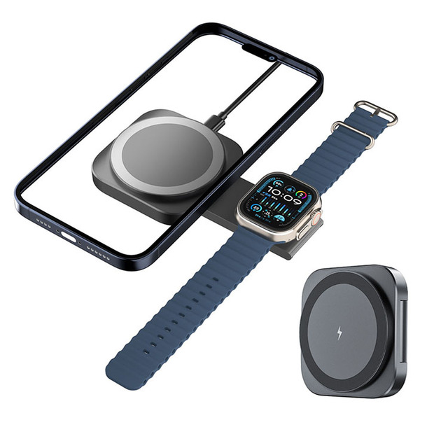 Mini Magnetic 2-in-1 Wireless Charger 15W Fast Charging Station Foldable Portable Charger Pad for iPhone AirPods Pro Apple Watch