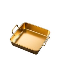 Plateau à collation carré doré en acier inoxydable à double poignée, assiette moderne à fond plat pour barbecue, camping, restaurant