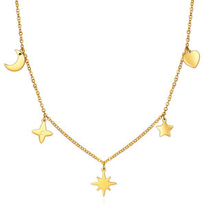 Collar con Colgante de Estrella, Luna y Corazón, Chapado en Oro, Cadena de Acero Inoxidable para Clavícula, Joyería de Moda para Uso Diario - Product Image 1