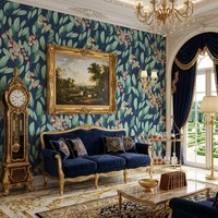 Papier peint classique champêtre botanique imperméable à l'eau, motif feuilles d'olivier et baies, bleu marine, pour la décoration de villas, bibliothèques et hôtels