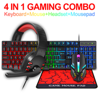 Clavier filaire T-WOLF TF800 104 touches, kit de jeu 4 en 1 avec clavier, souris, casque et tapis, combos de clavier filaire pour joueurs de bureau