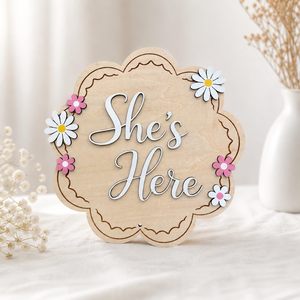 Panneau d'annonce de <span class=keywords><strong>naissance</strong></span> pour bébé fille 'Bonjour le Monde' en bois de 6 pouces, double face, à bords festonnés, avec motif 'Elle est là' et marguerite rose inversée, pour la <span class=keywords><strong>naissance</strong></span> - Product Image 5