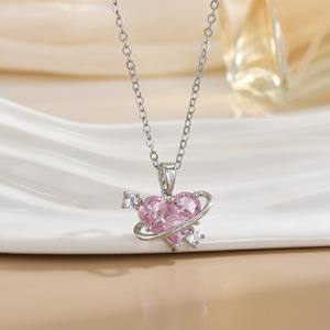 Collana pendente moda donna acciaio inossidabile placcatura argento impermeabile rosa zircone ali amore alla moda cuore luna - Product Image 3