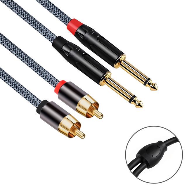 OEM ODM Dual 6.35mm TS to Dual RCA Stereo Audio Interconnect Cable 24K Gold Plated HiFi Oxygen Free Copper Core for Microphone