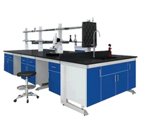Banc de laboratoire en acier et bois avec plateau en résine époxy et armoire de rangement pour laboratoire universitaire
