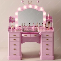 Coiffeuse moderne européenne en chêne massif avec miroir éclairé et armoire de rangement, finition rose, idéale pour appartement, réglable