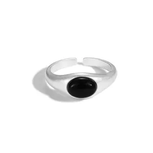 Dylam手工S925银饰品制造商供应商开放式可调椭圆形戒指白色黑色女式玛瑙戒指