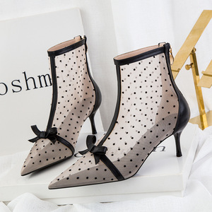Perspektif Manis dan Tipis Polka Dot Mesh Berongga Sepatu Hak Tinggi Sandal Wanita Stiletto Sepatu Bot Pergelangan Kaki Runcing Hak Tinggi - Product Image 4