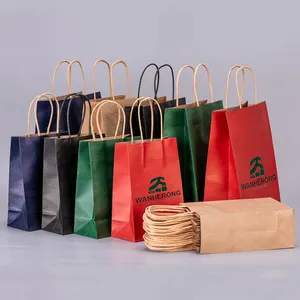 Recyclable Kraft Brown Paper Bag With Rope Handle Your Logo Flat Handle Kraft Shopping Paper Bag