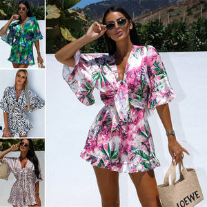 TL048 Combinaison courte plissée à manches courtes imprimée en gros de nouveaux arrivages Combinaison courte sexy une pièce Combinaison pour femmes Barboteuses décontractées - Product Image 1