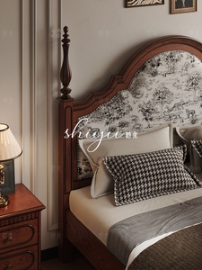 Lit double Shiyu Moll en bois massif noir, style rétro américain, colonnes romaines, 1,8 mètre, avec tête de lit capitonnée française, en bois massif américain - Product Image 5