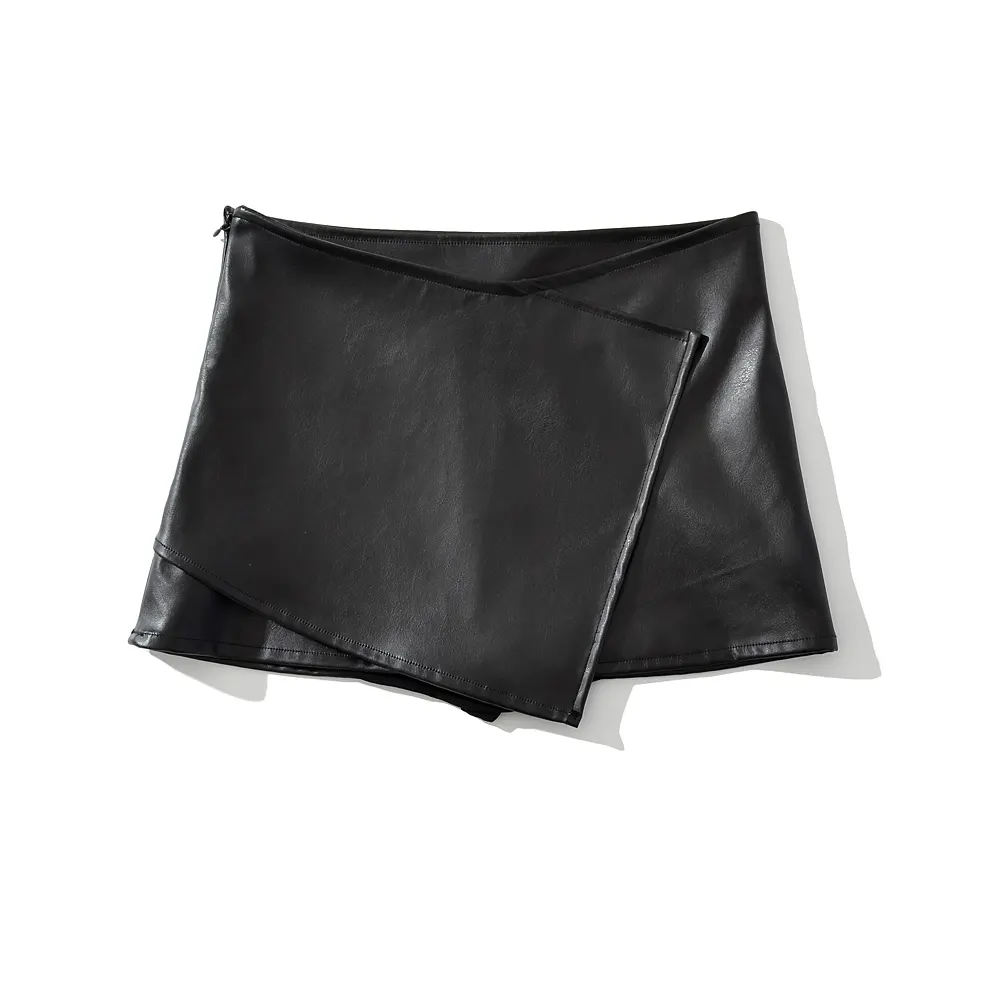 Black color zipper fly asymmetrical design casual fashion leather shorts for women