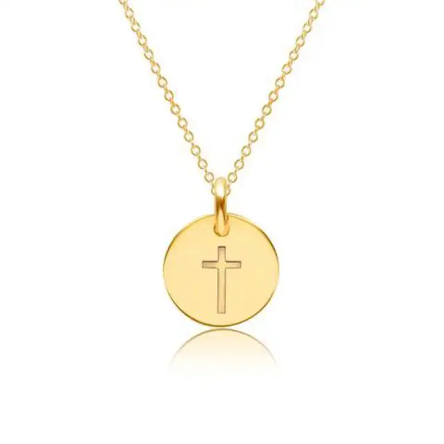 Jewelery Wholesale Women Religious Jewelry Jesus Custom Minimalist Gold Cross Necklace Gold Disc Coin Engrave Pendant Necklace