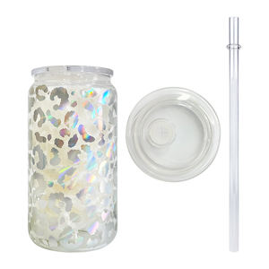 Lot de 50 <span class=keywords><strong>verres</strong></span> <span class=keywords><strong>à</strong></span> <span class=keywords><strong>bière</strong></span> en verre imprimé léopard de 16oz avec couvercles tasse <span class=keywords><strong>à</strong></span> café avec Straw-16BW002 en plastique transparent - Product Image 2