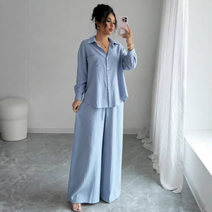 Conjunto de Dos Piezas de Verano para <span class=keywords><strong>Mujer</strong></span>, Talla Grande, Blusa Informal Lisa con Aspecto de <span class=keywords><strong>Lino</strong></span> y Pantalones Largos Holgados de Cintura Alta - Product Image 3