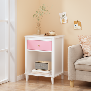 Mesita de noche de madera con un cajón y un estante, color rosa, para niños y adultos - Product Image 5