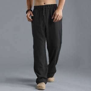 Pantalon décontracté d'été pour hommes en tissu Oxford uni, taille mi-haute avec cordon de serrage, en lin/coton, coupe droite ample, vente en gros - Product Image 6