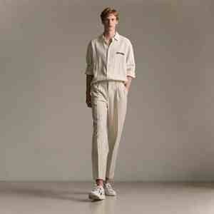 OEM/ODM Pantalon uni taille moyenne en coton blanc décontracté à taille élastique anti-boulochage pour hommes, coupe droite personnalisable - Product Image 4