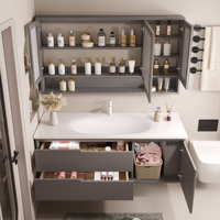 Meuble-lavabo de salle de bain avec miroir, style italien moderne crème, lavabo simple/double, plan de travail en céramique intégré