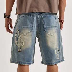 Shorts de mezclilla para hombre, diseño vintage, transpirables, con logotipo personalizado, apliques bordados, corte recto, lavado descolorido, estilo jorts, holgados. - Product Image 4