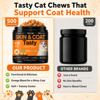 Friandises pour chats à l'huile de poisson Oméga 3, complément pour la peau et le pelage avec biotine et vitamine E, saveur poulet, marque privée OEM