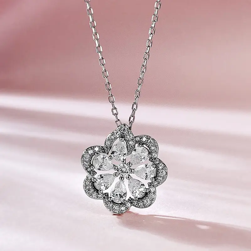 Renda kalung untuk wanita berlubang liontin berlian S925 perak berbentuk bunga kalung perhiasan untuk wanita