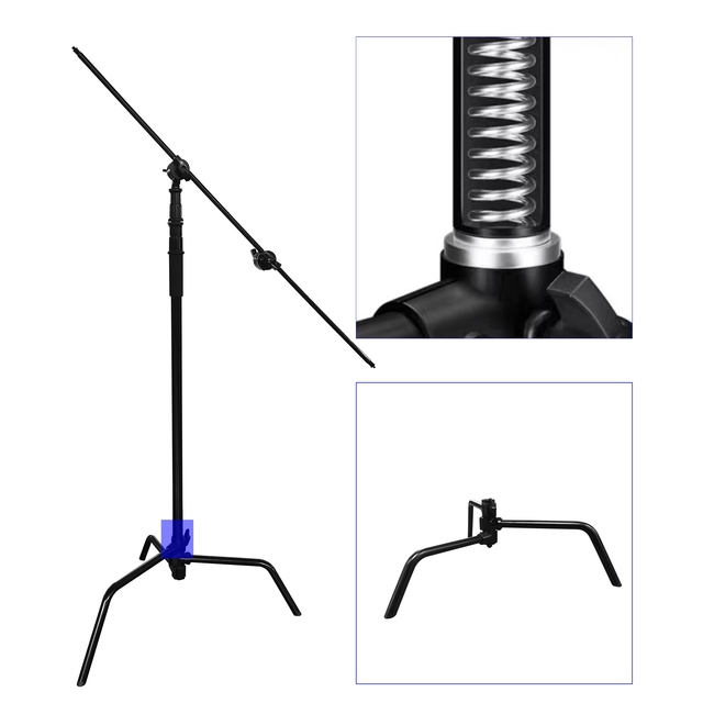 Black Heavy-Duty Light Stand Detachable Base 3.3 Meters Adjustable C Stand 2 Risers for Mobile Phones Cameras