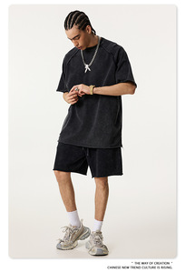 2026 summer American retro heavyweight washed wax printed looped <b>T</b>-<b>shirt</b> with rolled edges and large size short sleeves - Product Image 2