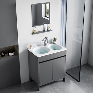 Mueble de Baño Independiente con Doble <span class=keywords><strong>Lavabo</strong></span> para Proyectos Hoteleros, Gabinete de Piso Impermeable de Aluminio, <span class=keywords><strong>Lavabo</strong></span> de Cerámica y Gabinete con Espejo - Product Image 2