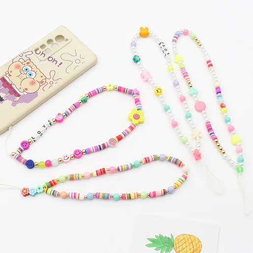 Модный акриловый чехол для телефона с жемчужными бусинами DIY, цепочка на запястье, милая девушка, красочные глиняные бусины, аксессуары для чехла мобильного телефона