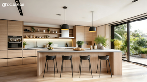 Armoires <span class=keywords><strong>de</strong></span> cuisine modernes minimalistes beiges DC.DECOR, étagères modulaires en <span class=keywords><strong>granit</strong></span>, placage <span class=keywords><strong>de</strong></span> bois personnalisé, ignifuge, respectueux <span class=keywords><strong>de</strong></span> l'environnement - Product Image 3