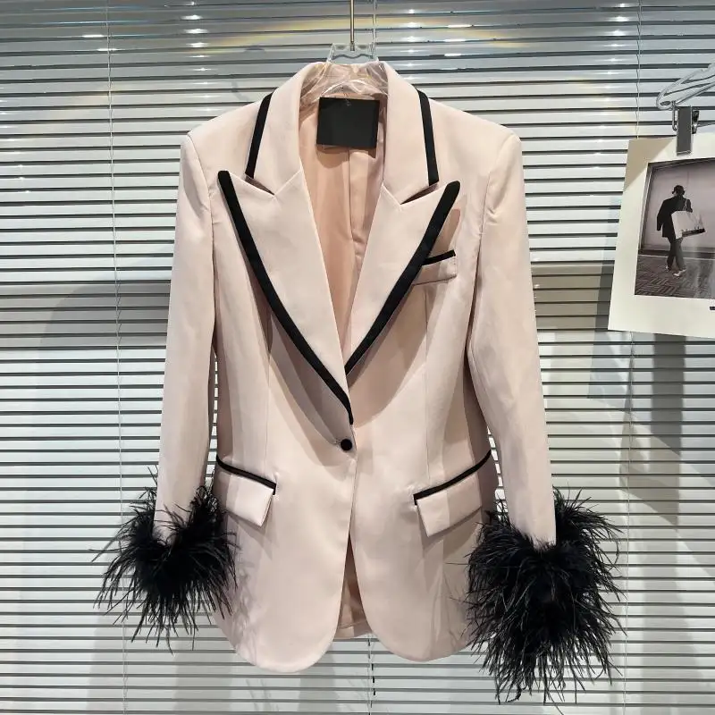 HIGH STREET Newest 2022 Designer Blazer Women's Color Block Stylish Feather Embellished Long Blazer