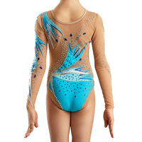 Justaucorps de gymnastique rythmique en spandex bleu pour femmes et filles, une pièce, unitard en dentelle, tenue de scène, danse, compétition, enfants