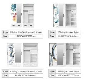 Iron Metallic Steel Modern Printing Almirah Furniture Design 2 2 Sliding Door Mirror Cabinet Closet Metal Wardrobe For Bedroom