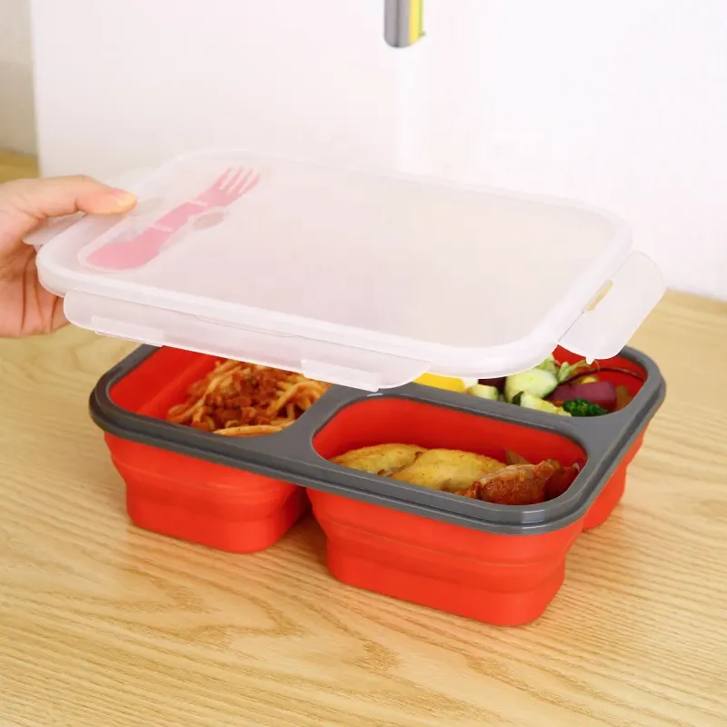 누수 방지 도시락 용기 BPA 프리 식기세척기용 플라스틱 접이식 도시락 식품 안전 실리콘 도시락 상자